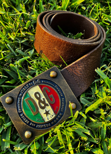 Dolce & Gabbana Distressed Leather Belt w/ Italian Flag Buckle