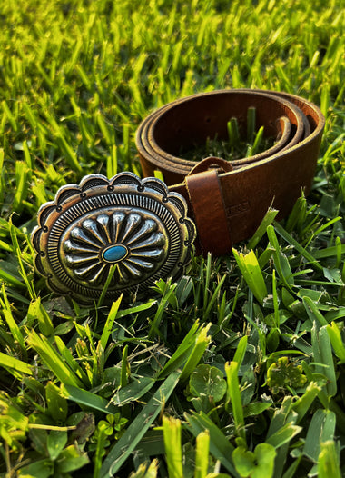 Lauren Ralph Lauren Western Brown Leather Belt w/ Turquoise Cowboy Buckle